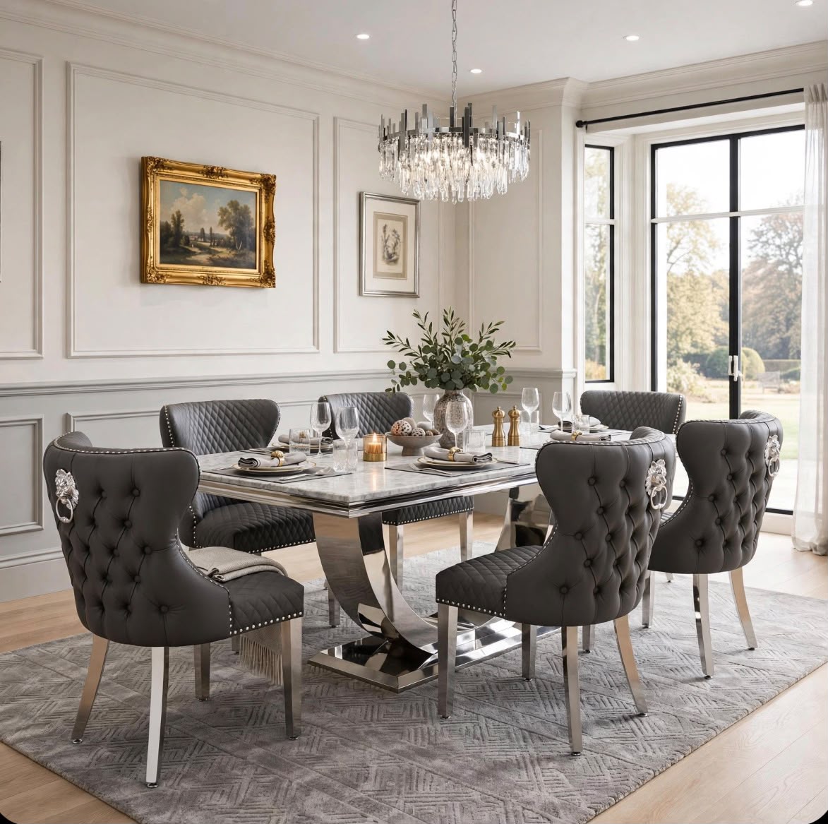 Louis White Marble & Chrome Dining Set with Grey Majestic Lion Knocker Chairs