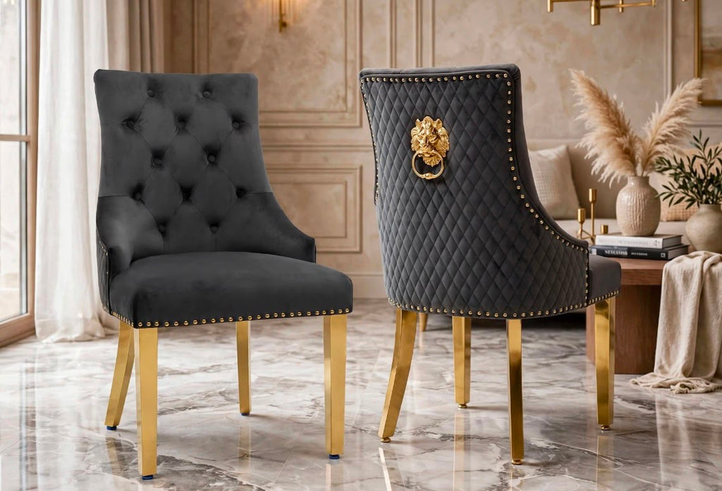 Majestic Gold Lion Knocker Dining Chairs Grey
