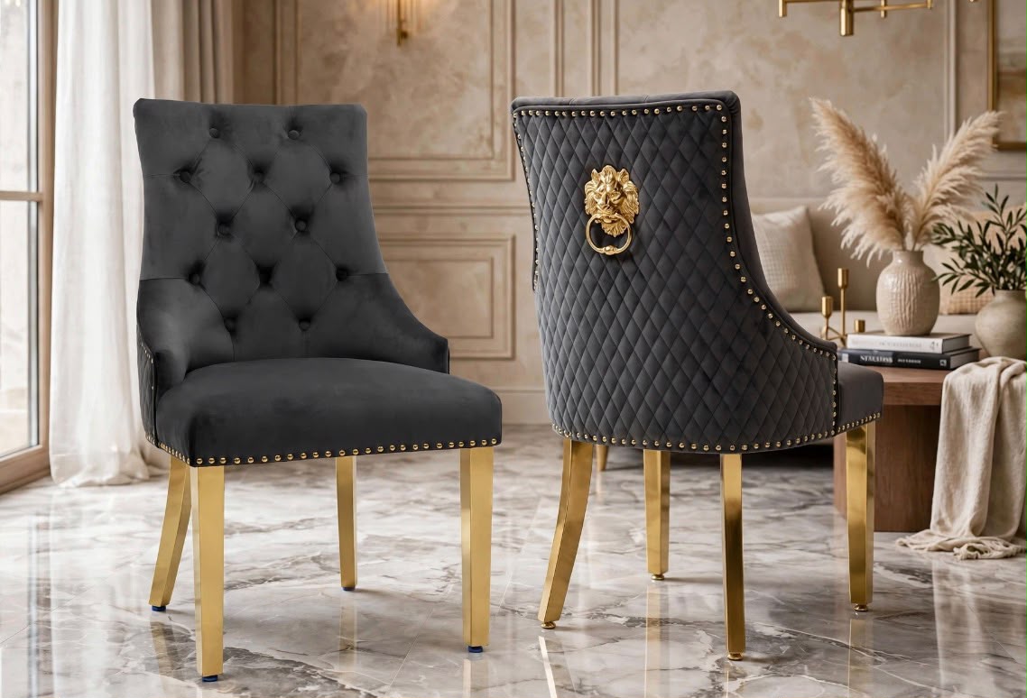 Majestic Gold Lion Knocker Dining Chairs Grey