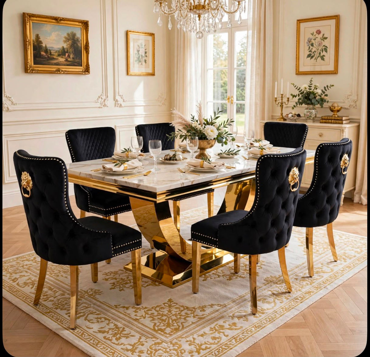Ravello Black & Gold Marble & Gold Dining Set with Black Victoria Lion Knocker Chairs
