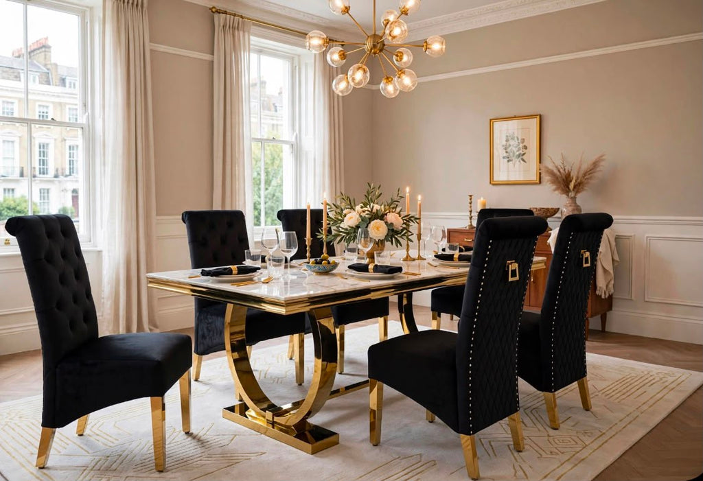 Ravello Black & Gold Marble & Gold Dining Set with Black Victoria Lion Knocker Chairs