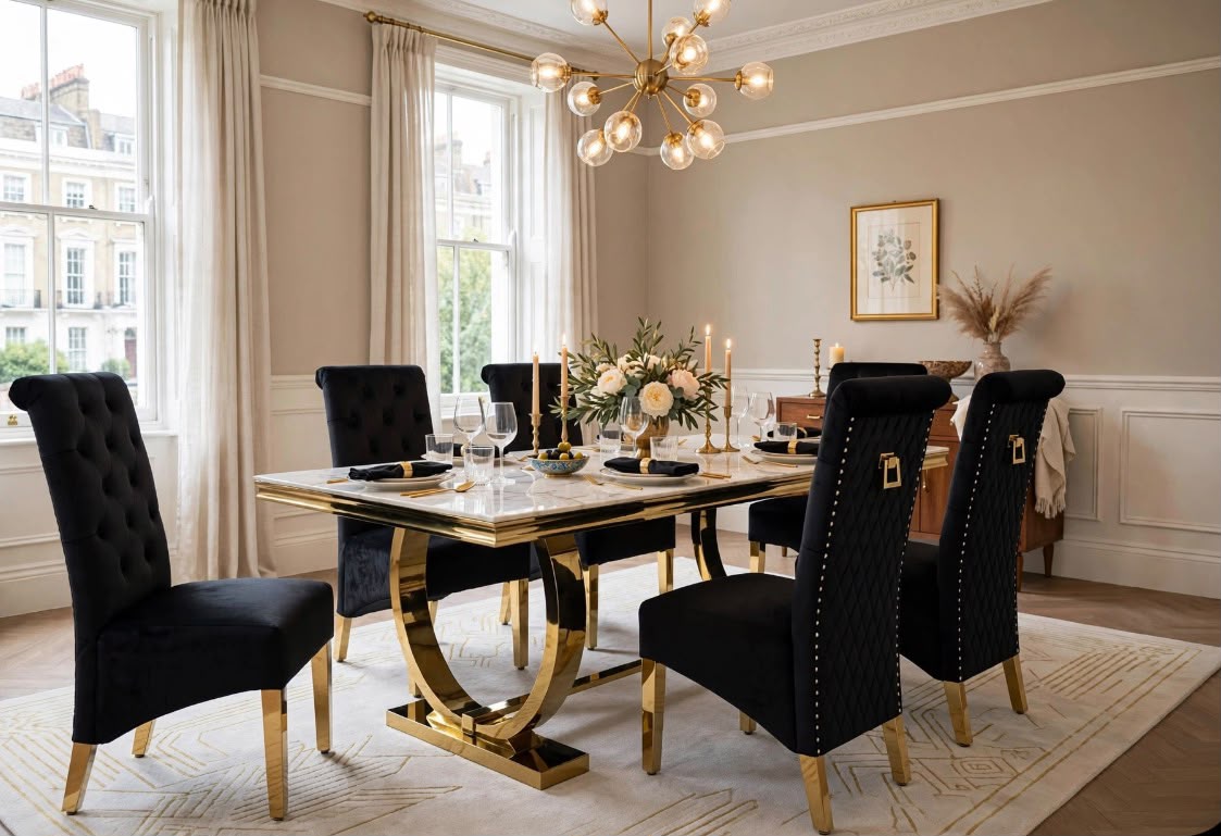 Ravello Black & Gold Marble & Gold Dining Set with Black Victoria Lion Knocker Chairs