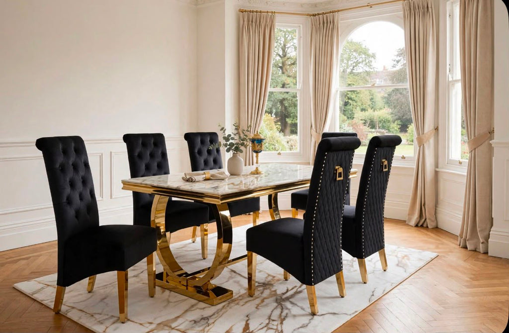 Ravello Black & Gold Marble & Gold Dining Set with Black Victoria Lion Knocker Chairs