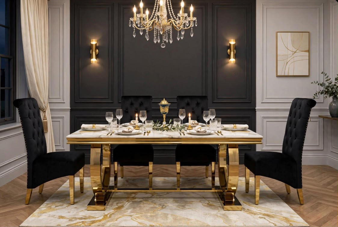 Ravello Black & Gold Marble & Gold Dining Set with Black Victoria Lion Knocker Chairs