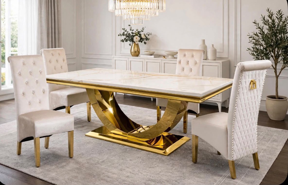 Ravello White & Gold Marble & Gold Dining Set with Cream Victoria Lion Knocker Chairs