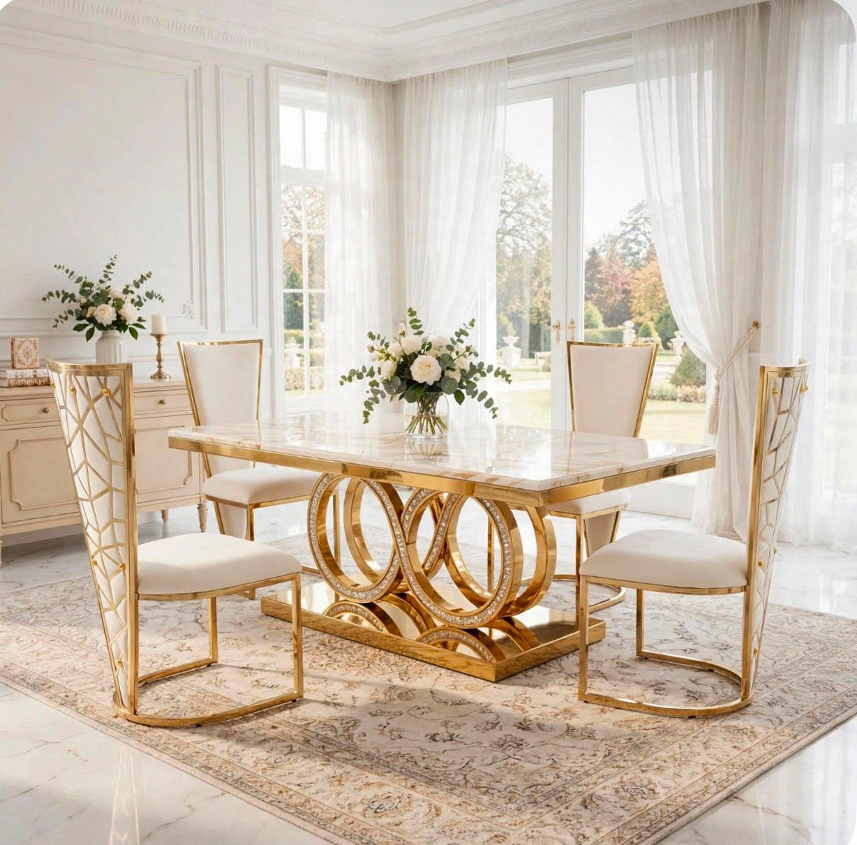 Ravello White & Gold Marble & Gold Dining Set with Cream Victoria Lion Knocker Chairs