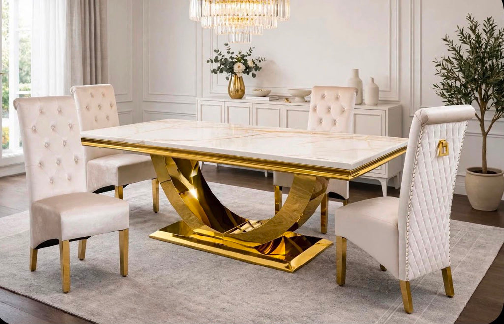 Ravello White & Gold Marble & Gold Dining Set with Cream Victoria Lion Knocker Chairs