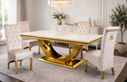 Ravello White & Gold Marble & Gold Dining Set with Cream Victoria Lion Knocker Chairs