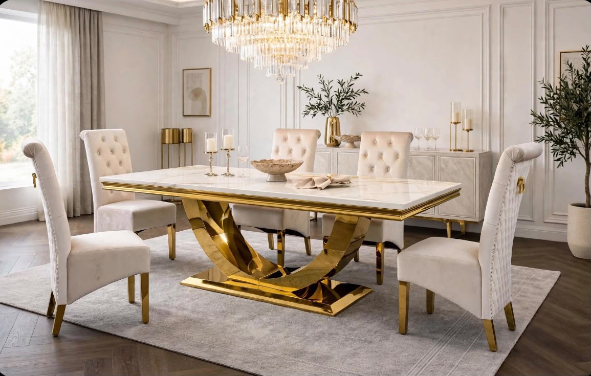 Ravello White & Gold Marble & Gold Dining Set with Cream Victoria Lion Knocker Chairs