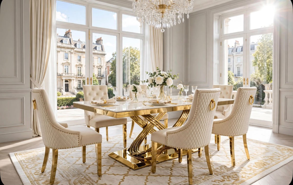 Ravello White & Gold Marble & Gold Dining Set with Cream Victoria Lion Knocker Chairs