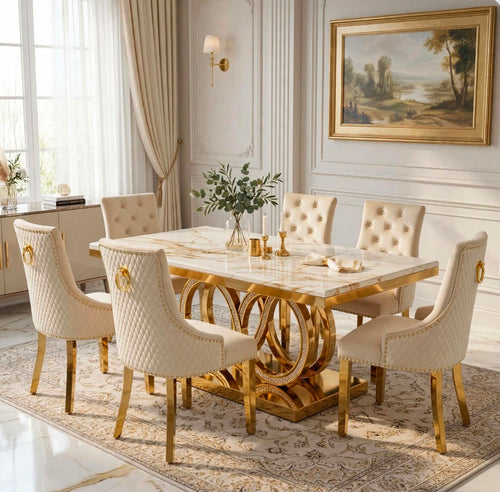 Ravello White & Gold Marble & Gold Dining Set with Cream Victoria Lion Knocker Chairs