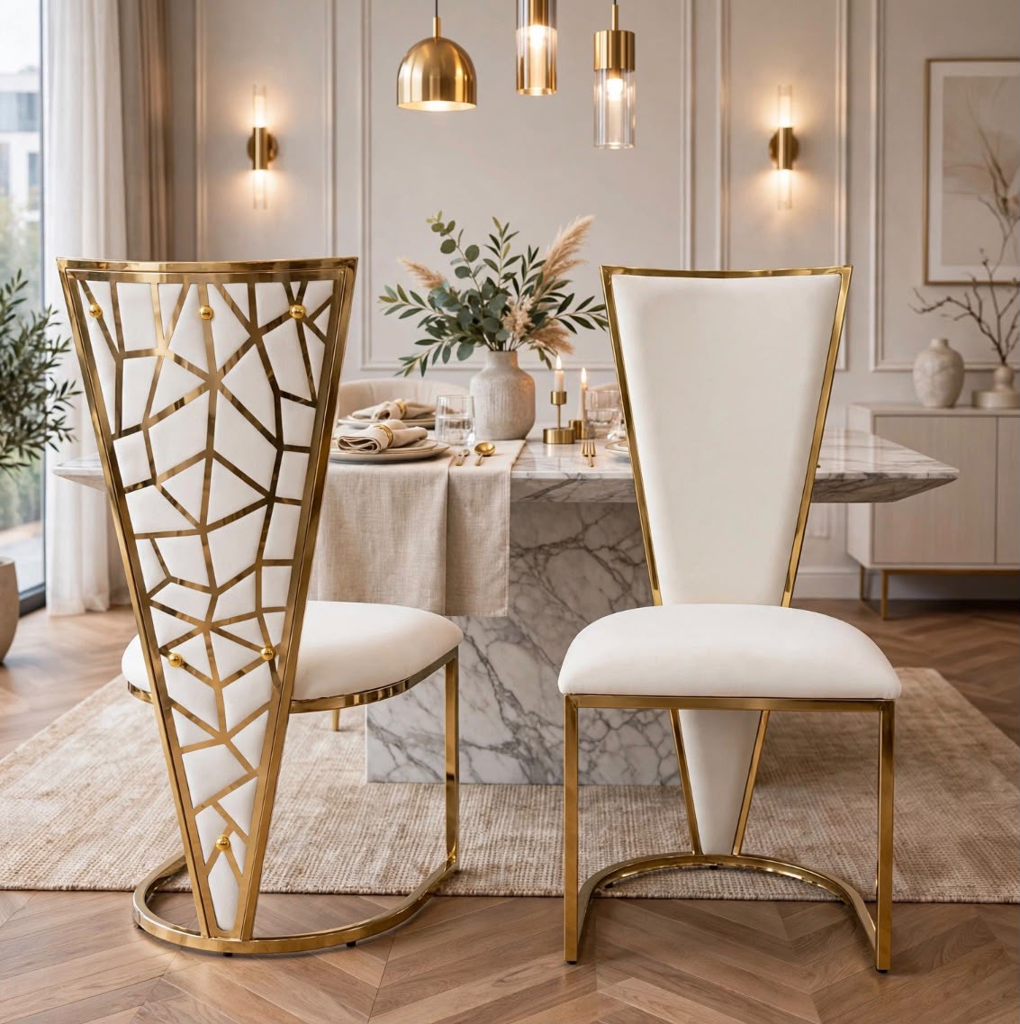 Rose Cream & Gold Lion Knocker Dining Chairs Cream & Gold marble luxury dining chairs