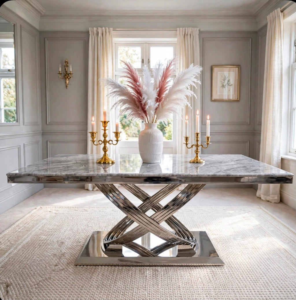 Rose Grey Marble & Chrome Dining Table Light Grey marble luxury marble dining table