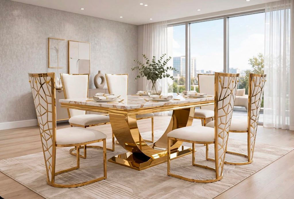 Rose White & Gold Marble & Gold Dining Set with Black Rose Cone Back Chairs
