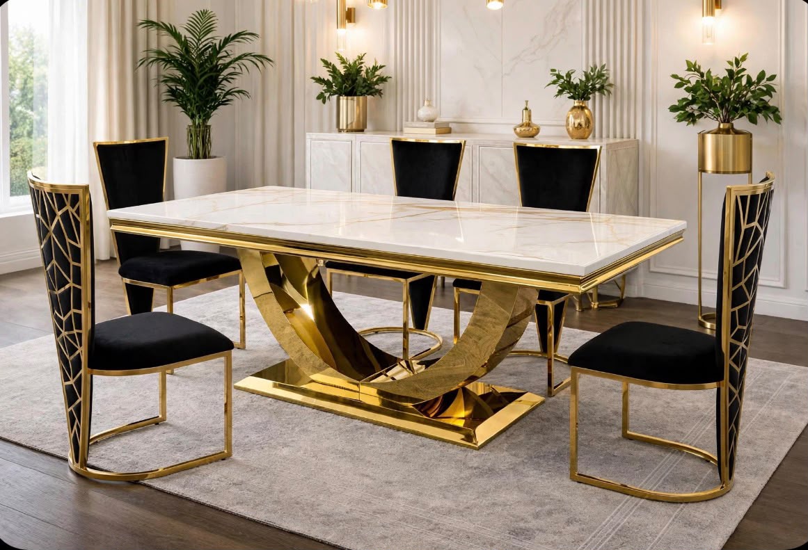 Rose White & Gold Marble & Gold Dining Set with Black Rose Cone Back Chairs