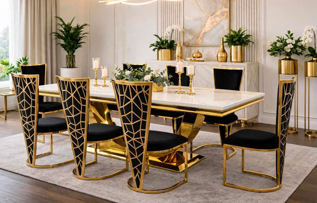Rose White & Gold Marble & Gold Dining Set with Black Rose Cone Back Chairs