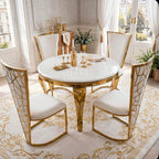 Rose White & Gold Marble & Gold Dining Set with White Rose Cone Back Chairs