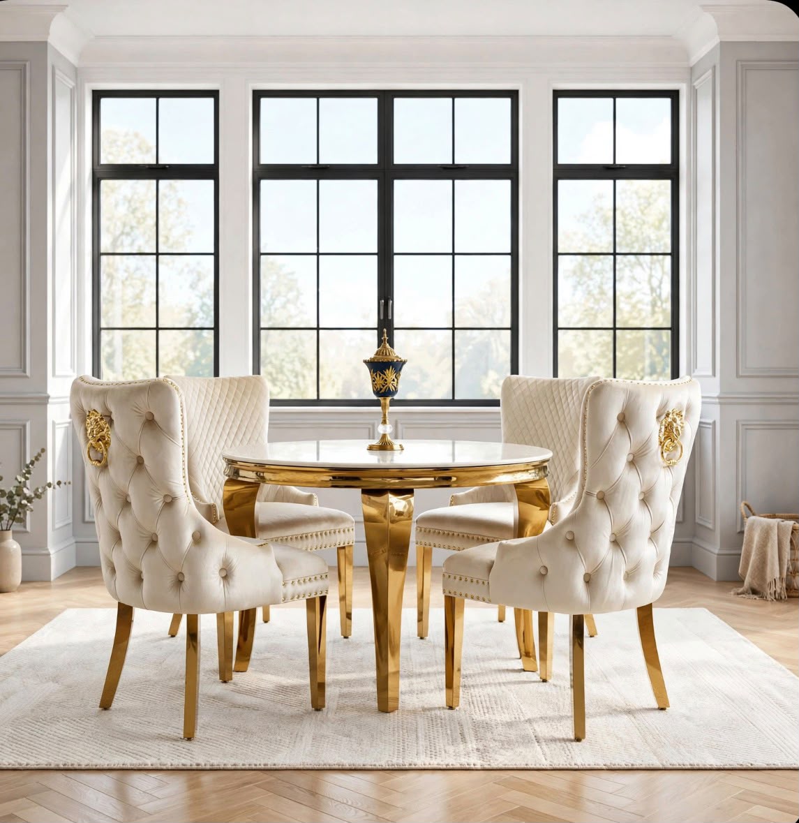 Rose White & Gold Marble & Gold Dining Set with White Rose Cone Back Chairs