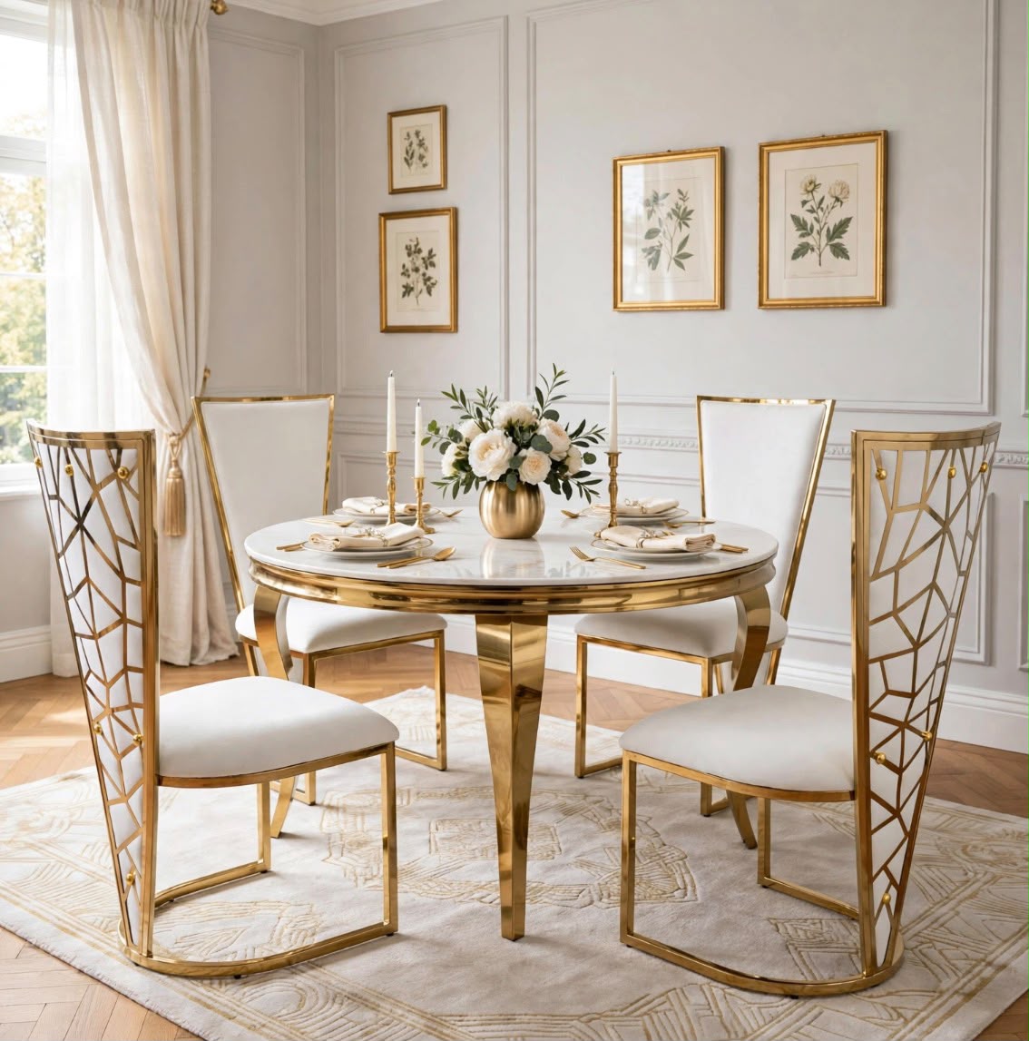 Rose White & Gold Marble & Gold Dining Set with White Rose Cone Back Chairs