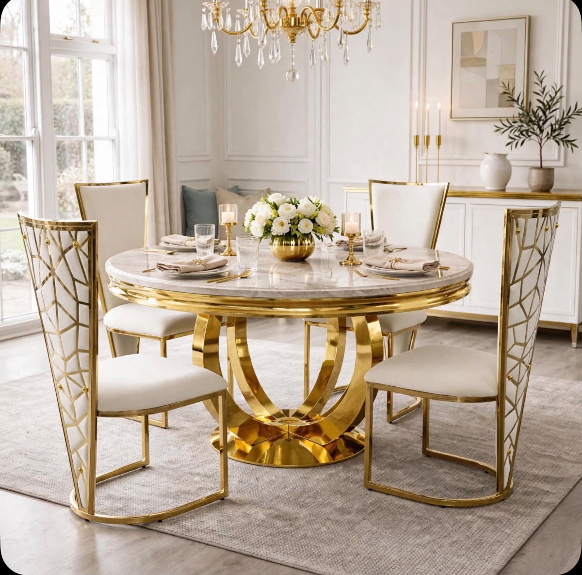Rose White & Gold Marble & Gold Dining Set with White Rose Cone Back Chairs