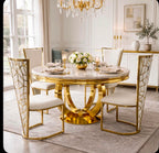 Rose White & Gold Marble & Gold Dining Set with White Rose Cone Back Chairs