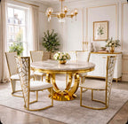 Rose White & Gold Marble & Gold Dining Set with White Rose Cone Back Chairs