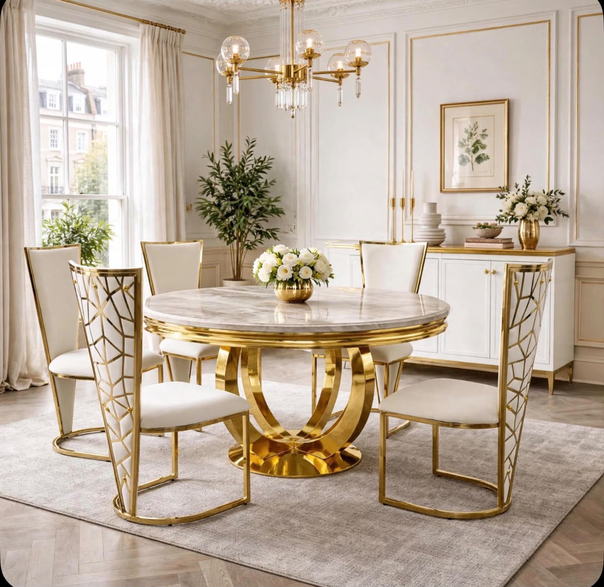 Rose White & Gold Marble & Gold Dining Set with White Rose Cone Back Chairs