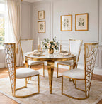 Rose White & Gold Marble & Gold Dining Set with White Rose Cone Back Chairs