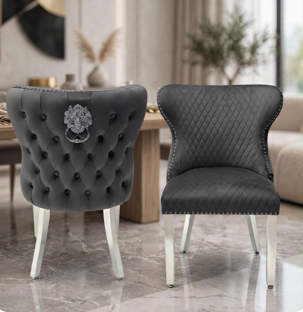 Valentino Lion Knocker Dining Chairs Dark Grey