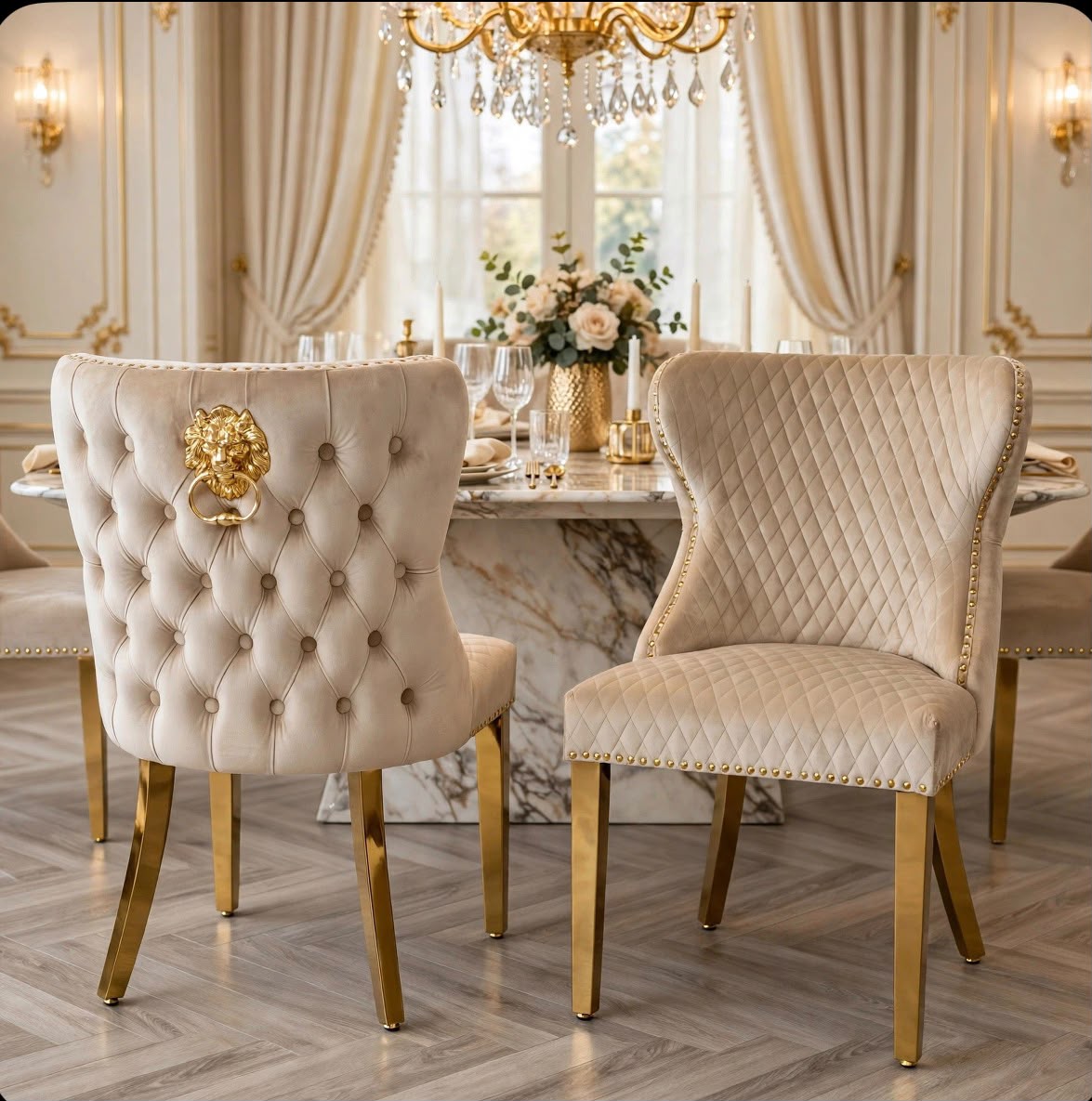 Victoria Gold Lion Knocker Dining Chairs Mink